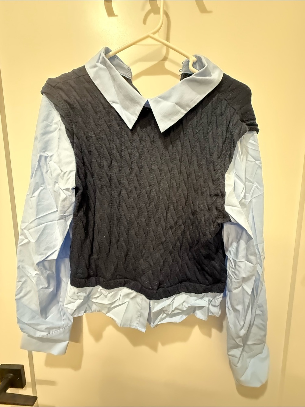 Zara Black Cable-Knit V-Neck Sweater with Light Blue Shirt Details